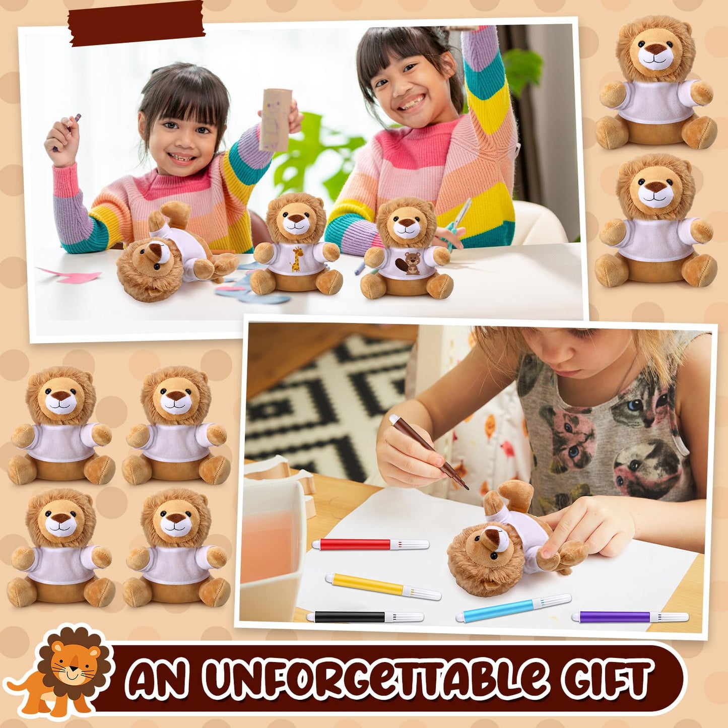 Blueweenly 64 Pcs Make Your Own Stuffed Animal Lion Kit Including 6 Inches Soft Lion Plush with White T Shirt and 12 Colors Pens for Birthday Favors Forest Party Crafting Gifts