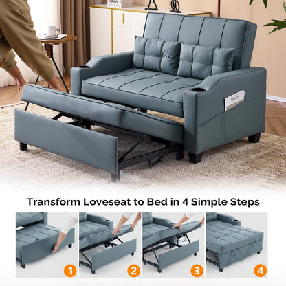 VINGLI Blue Grey Futon Sofa Bed Convertible Loveseat Sleeper Couch, Faux Leather Pullout Sofa Fold Out Couch Bed with USB Ports, Cup Holders, Armrest for Living Room, Bedroom Apartment Room