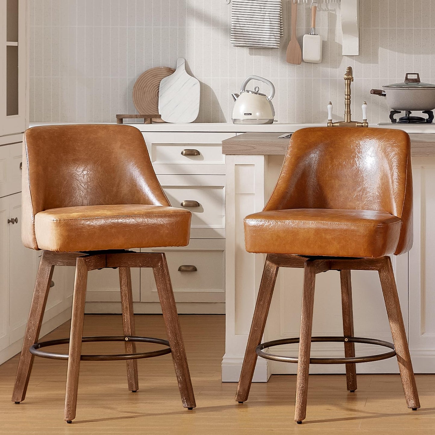 Finekoze Counter Height Bar Stools,Brown-Colored Faux Leather Comfort Fabric Bar Stool Set of 2，360° Swivel Counter Height Stools Solid Wood Legs,27'' Barstools with Contoured Backrest