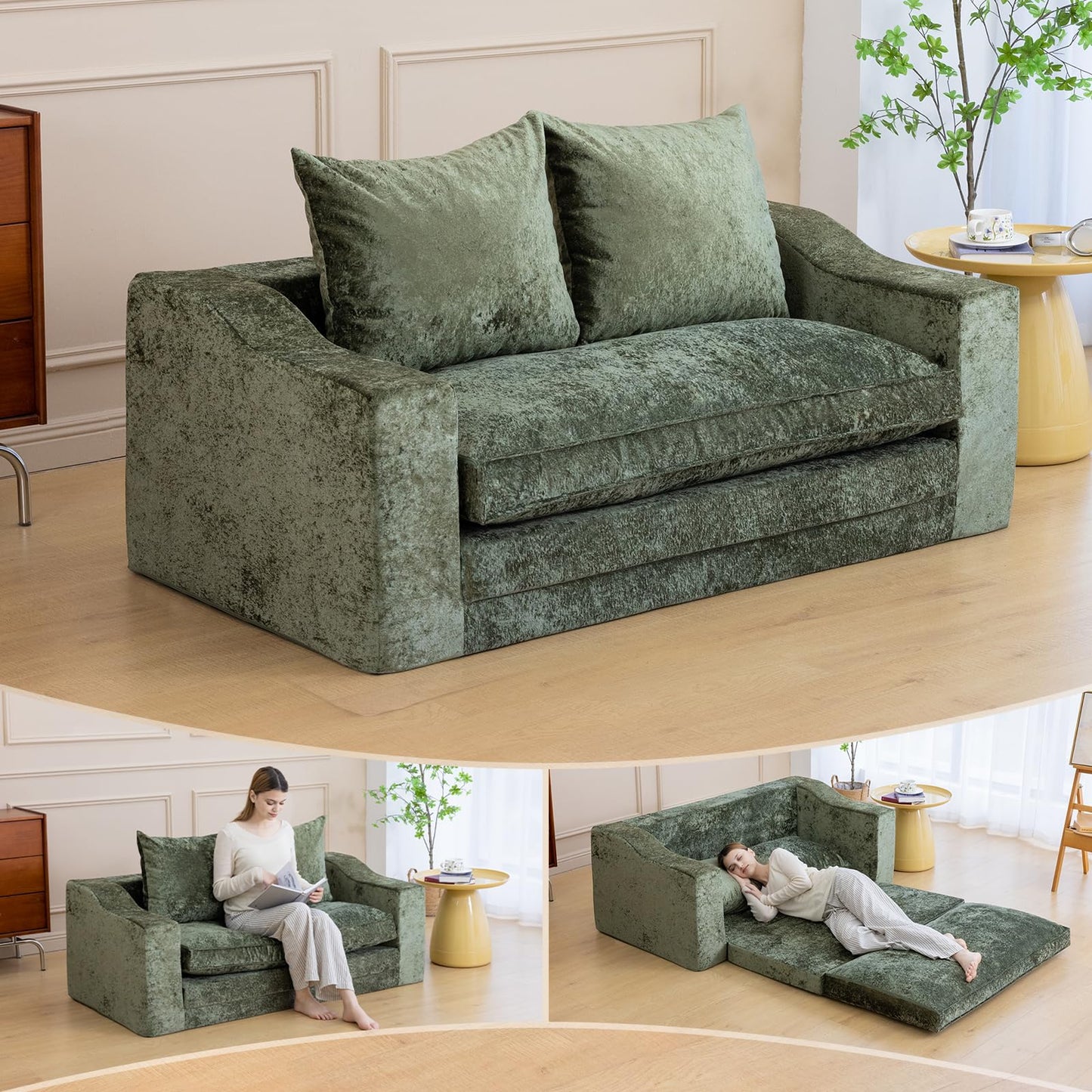 61" Convertible Sofa Bed Loveseat, Memory Foam Boneless Floor Couch with Removable Plush Velvet Cover, Tri-folding Compact Full-size Sleeper for Small Living Room, Playroom, Guest Room, RV (Emerald)
