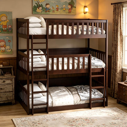 KEIKI Twin Over Twin Over Twin Triple Bunk Bed, Solid Rubber Wood Detachable 3-in-1 Bed Frame with Ladders & Full Guardrails, Space-Saving Boys & Girls Bed for Family & Sleepovers, Espresso