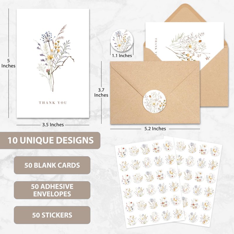 AUDREE Wildflower Thank You Cards with Envelopes (50 Pack 3.5" x 5.2") – Floral Thank You Notes with Adhesive Envelopes & Matching Stickers for Weddings, Baby & Bridal Showers