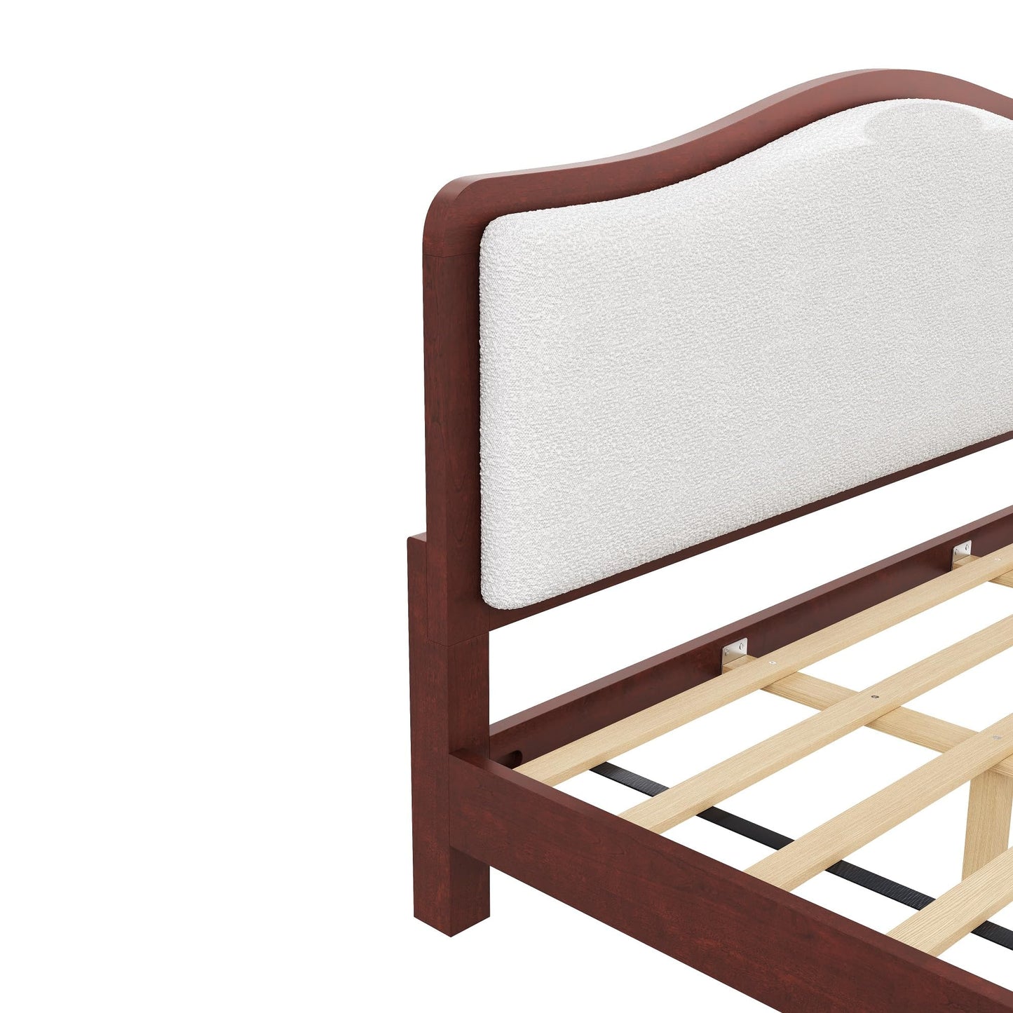 Merax King Size Upholstered Platform Bed Frame with Curved Headboard, Espresso Wood Frame & White Fabric, Noise-Free, Strong Slat Support, No Box Spring Needed, Easy Assembly