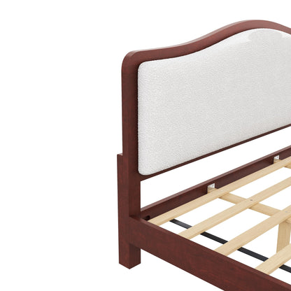 Merax King Size Upholstered Platform Bed Frame with Curved Headboard, Espresso Wood Frame & White Fabric, Noise-Free, Strong Slat Support, No Box Spring Needed, Easy Assembly