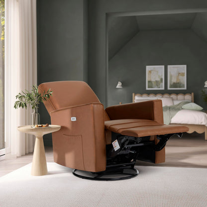 Evolur Harlow Upholstered Power Glider Recliner with USB Charging – Rocking & 275° Swivel with Smooth Glide – Greenguard Gold & FSC Certified – Modern Nursery and Living Room Chair in Cognac