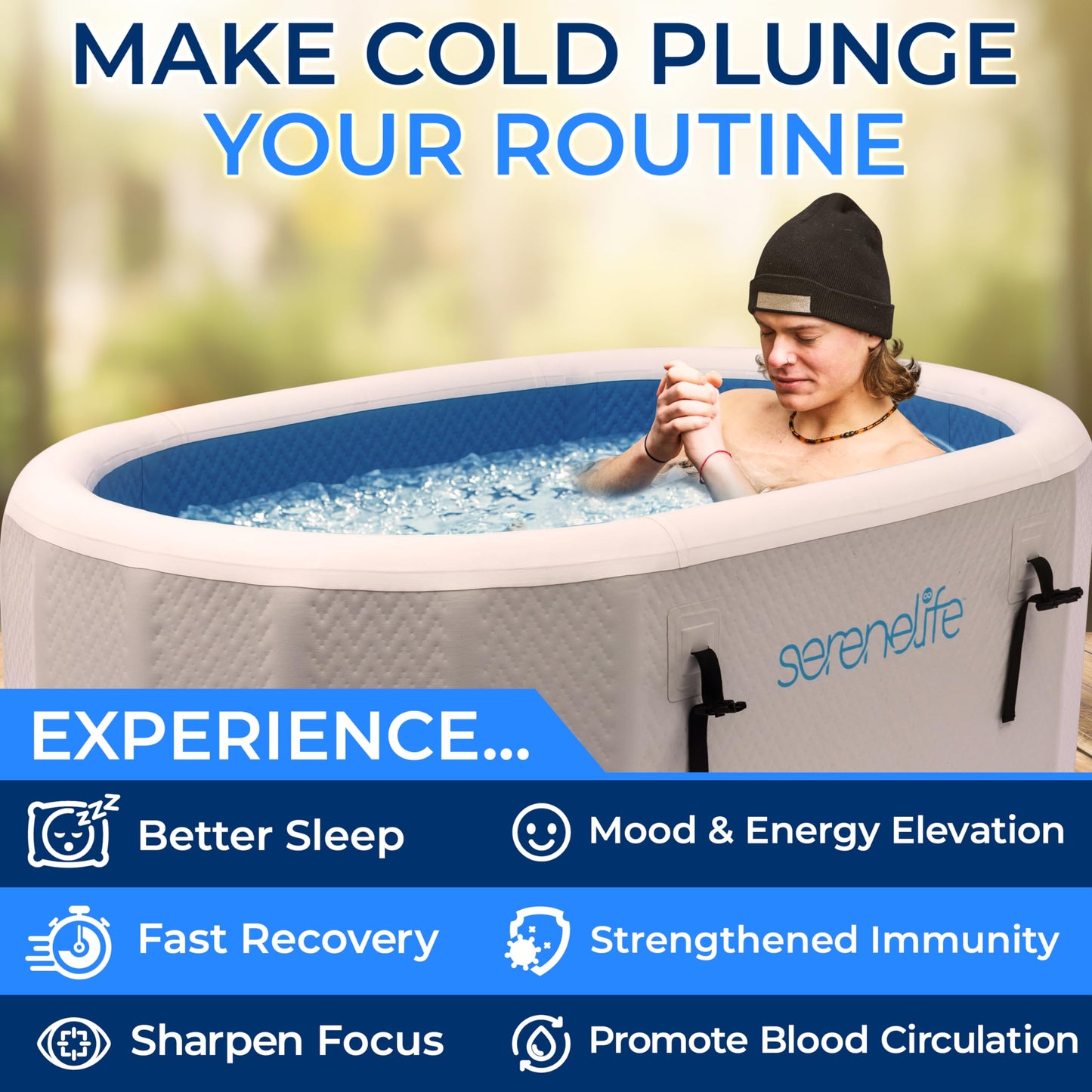 SereneLife Inflatable Insulated Cold Plunge Tub - One Person Ice Bath Tub with Lid, Cold Plunge Therapy Recovery Pod for Athletes with 105 Gallons Capacity, 53.15 x 31.50”