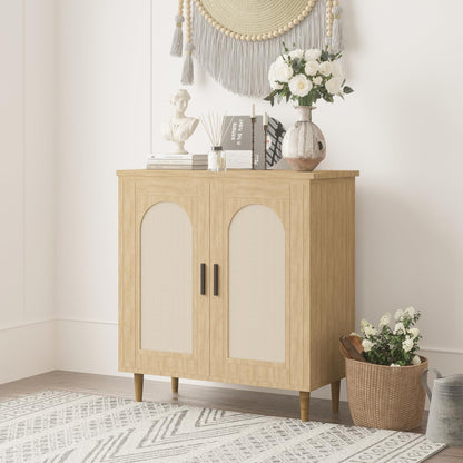 Garvee Rattan Buffet Cabinet with Storage, Sideboard Cabinet with 2 Doors and Adjustable Shelves, Boho Wood Cupboard for Kitchen, Livingroom, Dining Room, Entryway (Natural, 2 PCS)