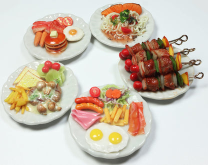 5 Assorted Miniature Breakfast Food Set – Pancake, Barbecue Grill, and Spaghetti – Handcrafted Dollhouse Miniature Food on Ceramic Plates 1.3” Diameter, 1/6 Scale, Handmade Realistic Mini Food Decor