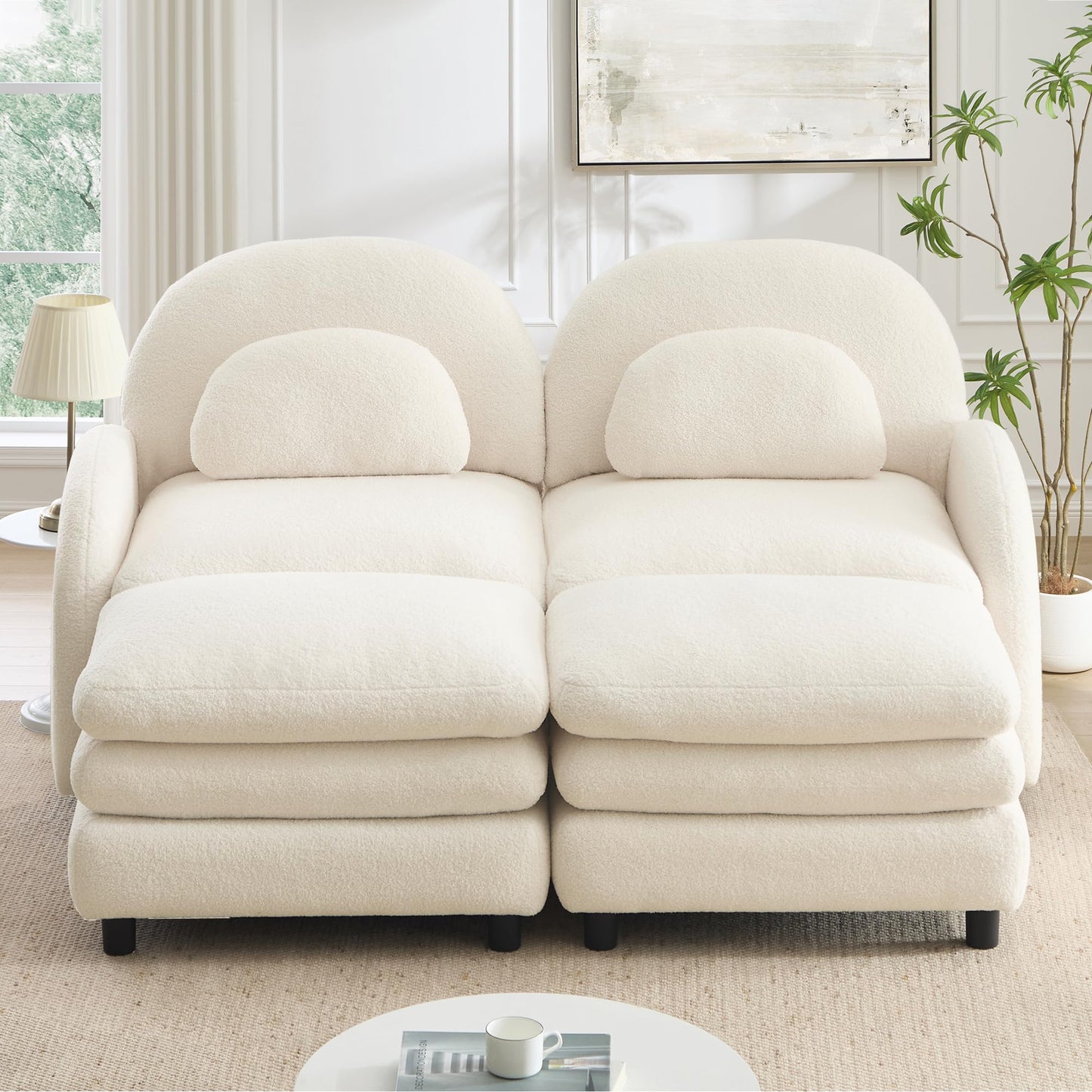 KEIKI 68.5" Chaise Lounges Indoor Modular Loveseat with 2 Ottomans Teddy Fleece, Soft Perfect for Compact Living Room Furniture Space with Space Saving Design and Convertible Modular Use, Beige