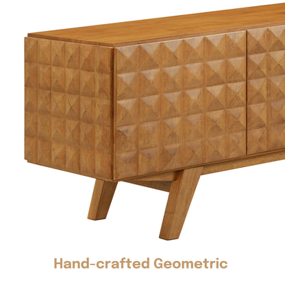 NTC Sapa Mid-Century Modern Solid Wood TV Stand 4-Door Media Console with Carved Geometric Fronts for TVs up to 75", Effortless Assembly, Teak Look