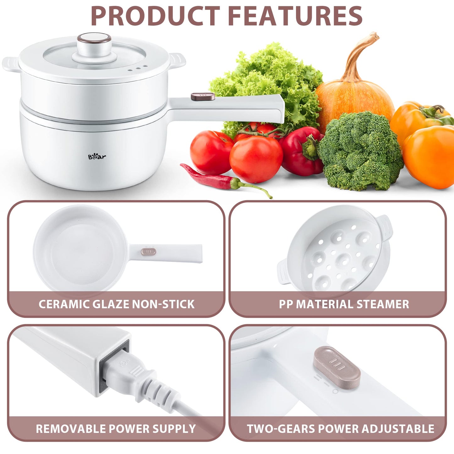 Bear Hot Pot Electric with Steamer, 1.6L Rapid Noodles Cooker, Mini Pot, Non-Stick Frying Pan for Steak, Ramen, Egg, Oatmeal, Soup with Power Adjustable