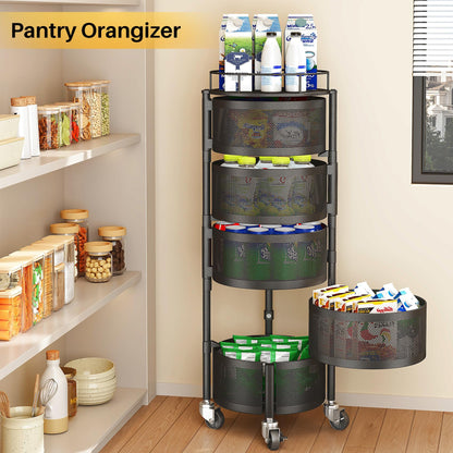 SNTD Fruit and Vegetable Basket Bowls for Kitchen with Metal Top Lid, 5 Tier Rotating Storage Rack Cart for Potato Onion Bread Banana, Wire Basket Organizer on Wheels, Large, Black