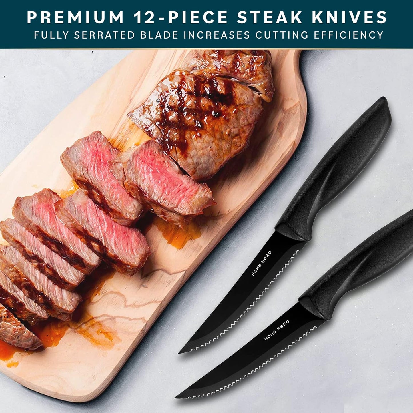 Home Hero 12-Piece Razor-Sharp Steak Knives Set, High-Carbon Stainless Steel with Ergonomic Handles for Precise Cutting