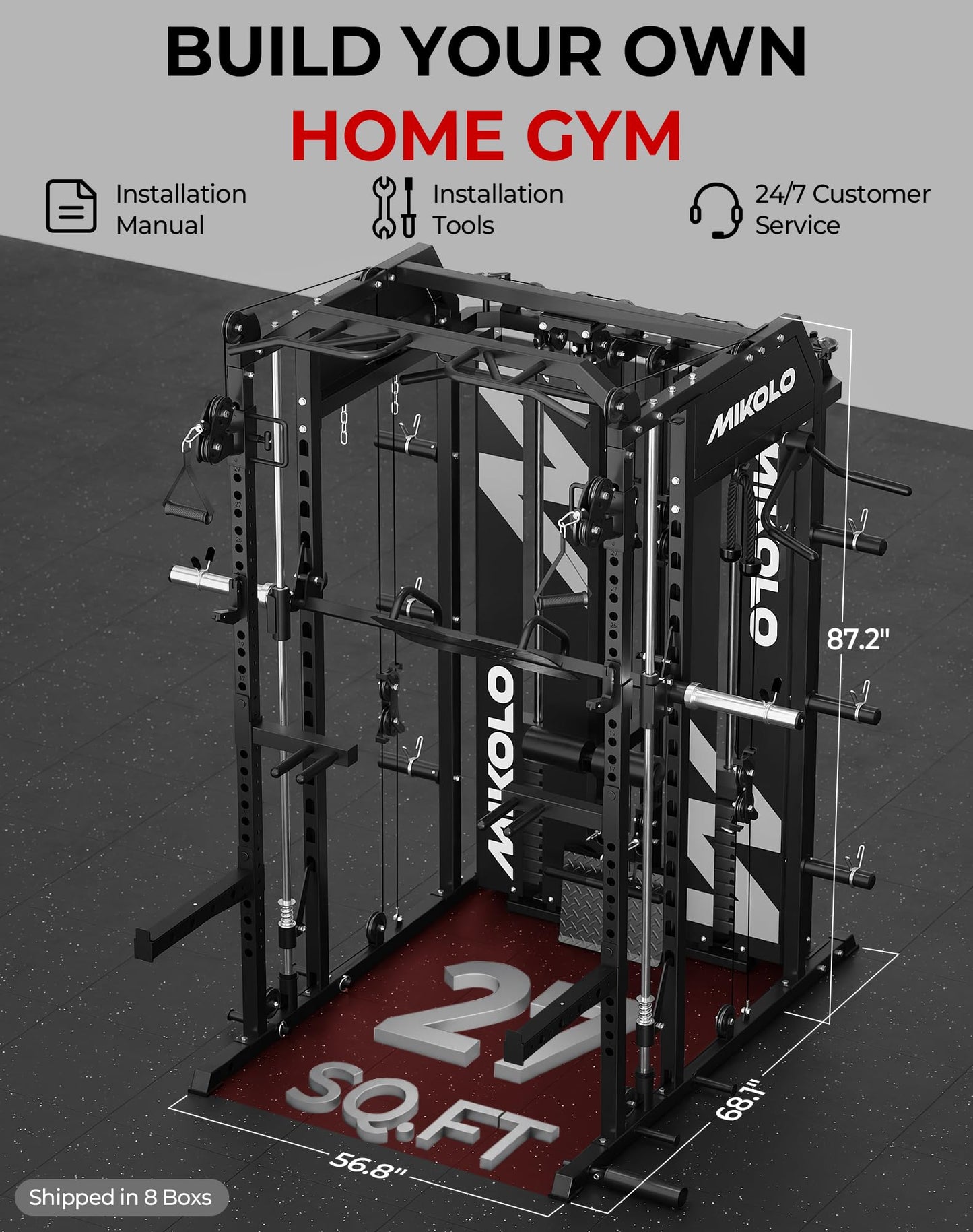 Mikolo Smith Machine with Weight Stack, Power Cage Home Gym System with LAT Pulldown & Cable Crossover, Multi-Functional Trainer with Dual Pulley System, Weight Bench, Cable attachments
