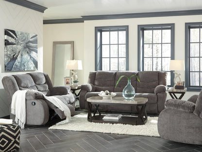 Signature Design by Ashley Tulen Reclining Loveseat, Dual-sided Recliner, Pull Tab Reclining Motion, Fabric Upholstery, 63" W x 40" D x 40" H, Dark Gray