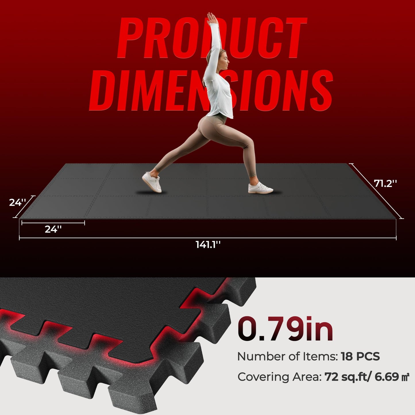 SUPERJARE 0.79'' Extra-Thick Exercise Equipment Mats, 18 Pcs 72 Sq Ft Rubber Top Floor Tiles with High Density EVA Foam, Interlocking Gym Flooring for Home Gym, Workout Mat, Black