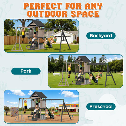 Albott Wooden Swing Set for Kids, Large Outdoor 11-in-1 Playset with Playhouse, Wave Slide, 2 Swings and Climbing Wall, Backyard Playground for Ages 3–8, 200" D x 161" W x 114" H