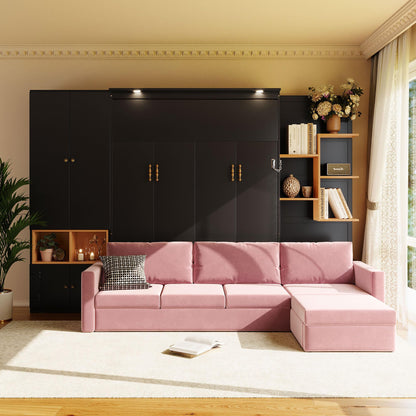 DNYN Queen Size Murphy Bed with Large Sofa and Storage Shelves for Bedroom/Guest/Study Room, Space-Saving Wooden Foldable Wall Bed Frame with Dual LED and Cabinets, No Box Spring Needed