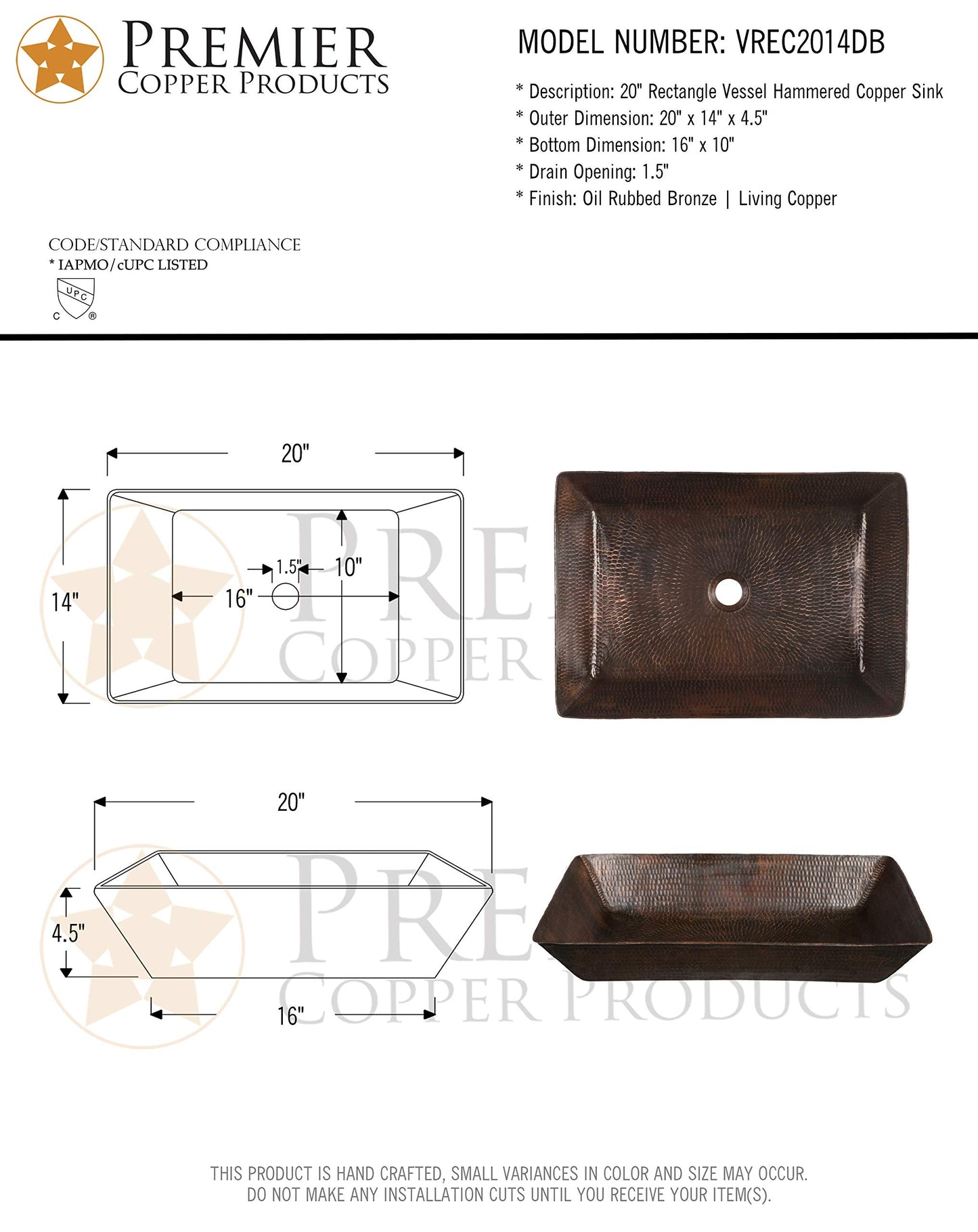 Premier Copper Products Rectangle 20 in. Hammered Copper Vessel Sink in Oil Rubbed Bronze VREC2014DB
