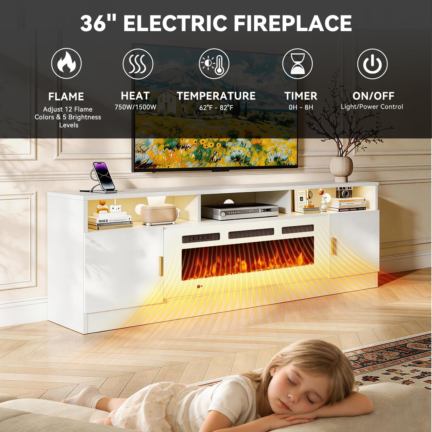 OneBlis 70" Fireplace TV Stand with Power Outlet, Electric Fireplace Entertainment Center with Storage Cabinets, Fits TVs up to 80", TV Console with LED Lights for Living Room, Office, White-White