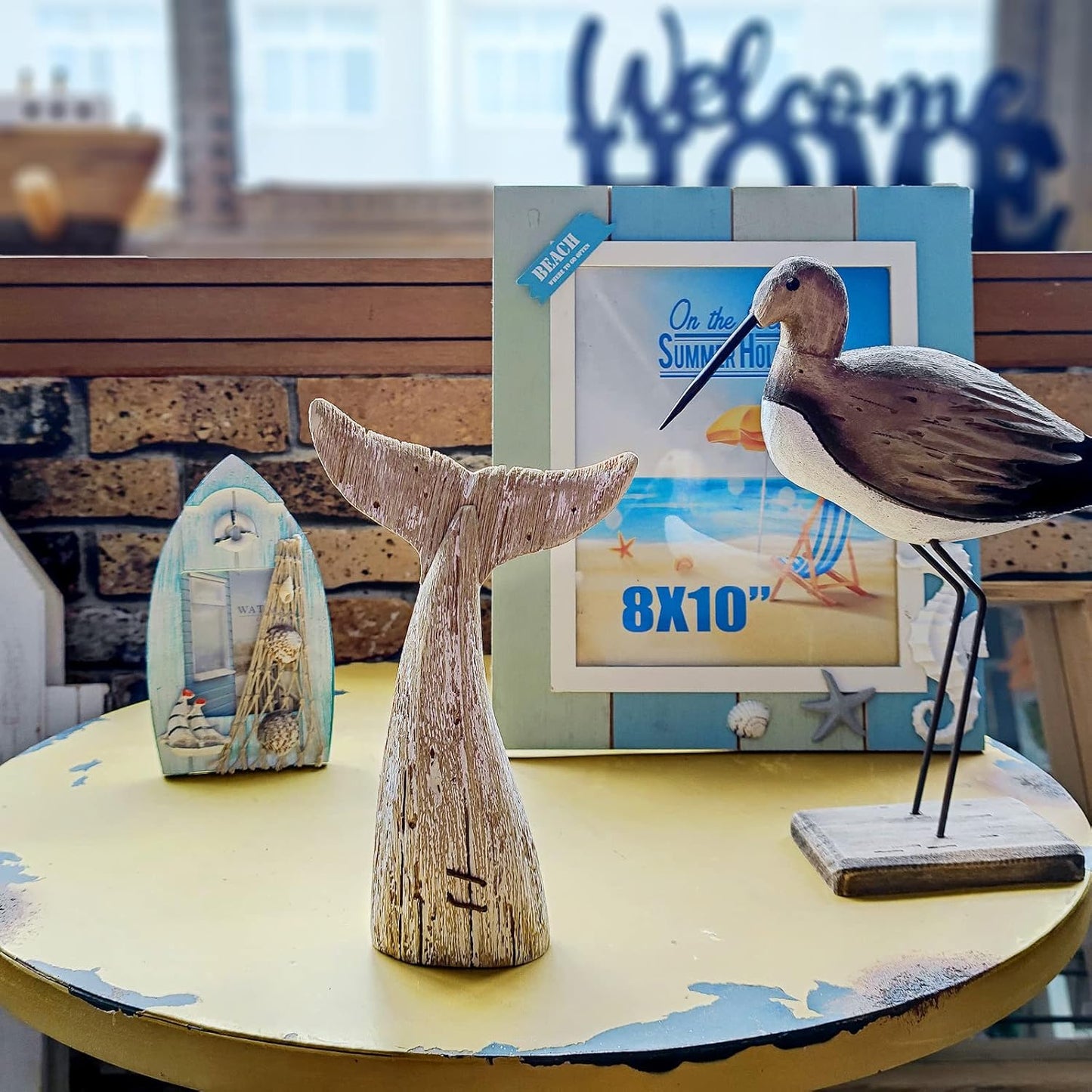 Nautical Home Decor - Wood Whale Tail Tabletop Statue, Decorative Rustic Sculpture for Ocean Beach Bathroom Shelf (8.5"