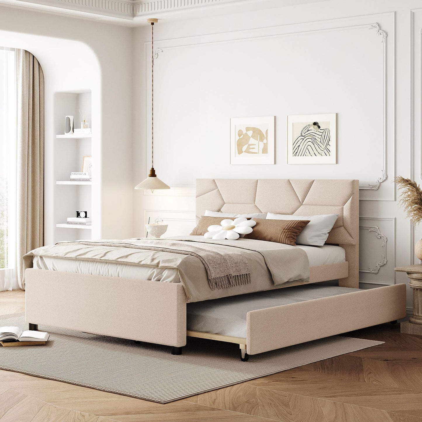 Brisca Full Size Linen Upholstered Platform Bed with Brick Pattern Headboard and Twin Size Trundle,Bed Frame W/ 10 Wooden Slats & 4 Supporting Legs,for Bedroom,Apartment,Guest Room,Beige