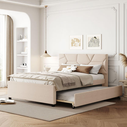 Brisca Full Size Linen Upholstered Platform Bed with Brick Pattern Headboard and Twin Size Trundle,Bed Frame W/ 10 Wooden Slats & 4 Supporting Legs,for Bedroom,Apartment,Guest Room,Beige