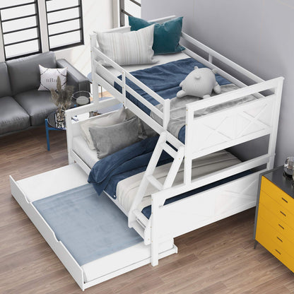 Merax Twin Over Full Wood Bunk Bed Withe Trundle and Safety Guardrail for Teens, Guests，No Box Spring Needed, White
