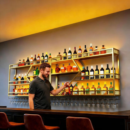 Wall Mounted Wine Rack, 71 Inch, 3-Tier Metal Bottle Shelf with Wine Glass Holder and LED Lights, Industrial Style for Home Bar, Restaurant (Gold, 71in)