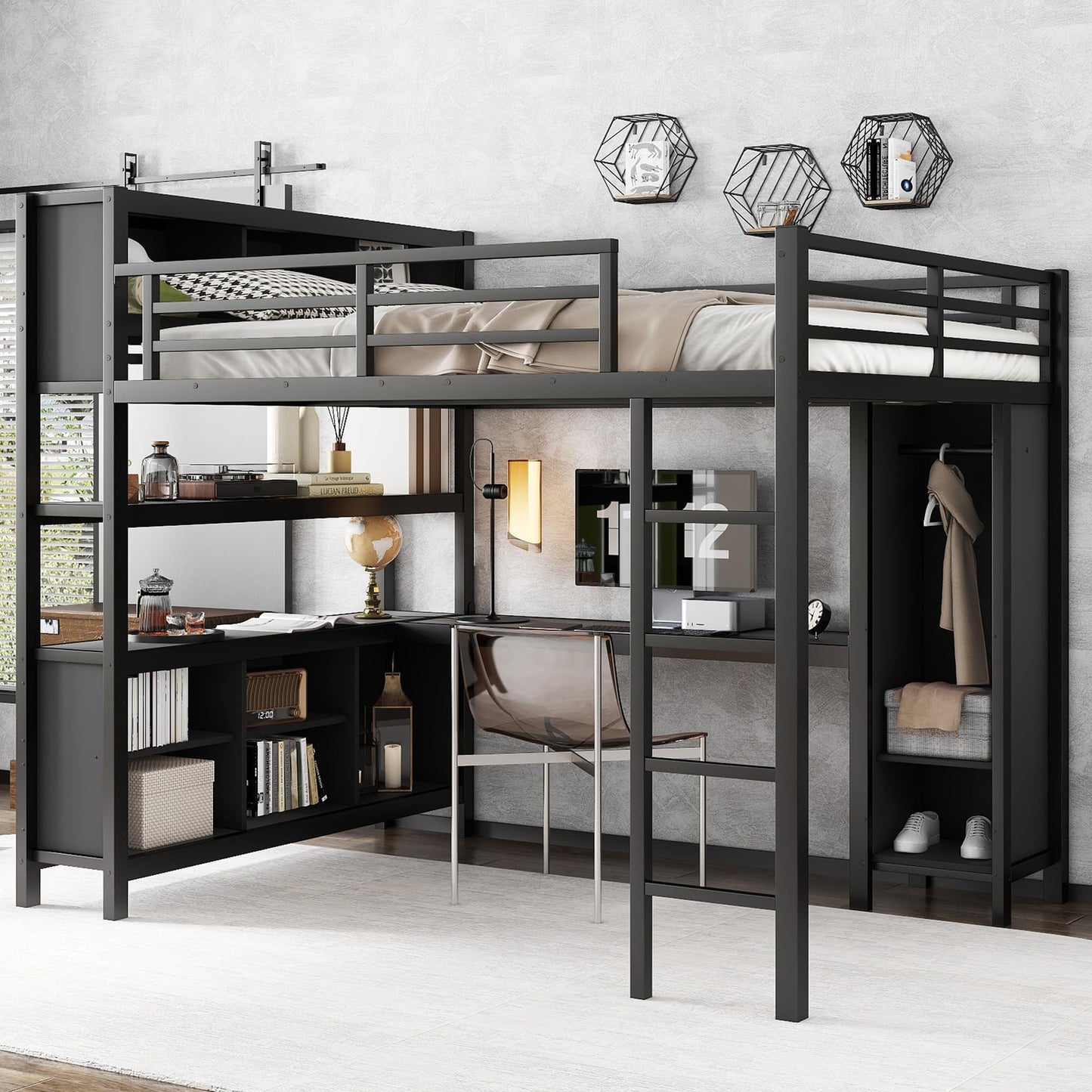 Bellemave Queen Size Loft Bed with Desk, Wardrobe & Storage Shelves, Modern Metal Loft Bed Frame for Adults, Teens, Kids, Space-Saving Queen Bed for Small Rooms, Dorms, Apartments (Queen, Black)
