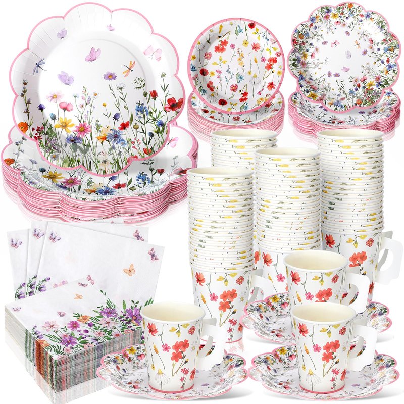 Pickmesh 252 Pcs Floral Tea Party Supplies for 36 Guests Wildflower Paper Disposable Dinnerware Floral Teacups with Handle and Saucers Sets for Tea Party Decorations Birthday Baby Shower Wedding
