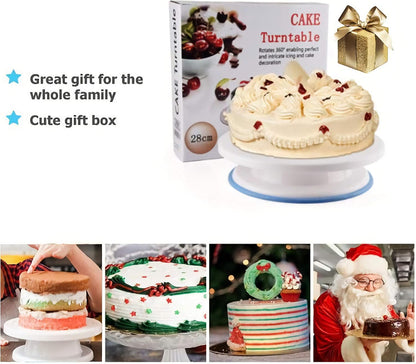 KNC 11 Inch Rotating Cake Turntable with 3x Icing Smoother, Cake Decorating Tools, White Baking Supplies