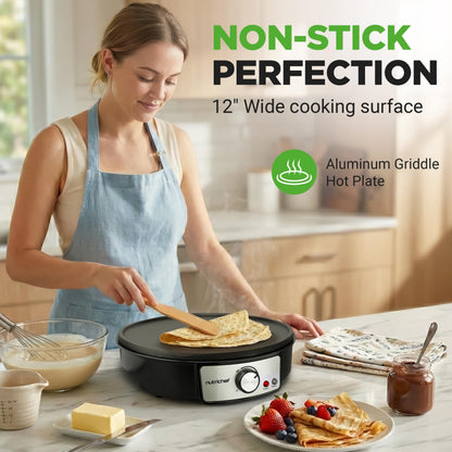 Nutrichef Electric Crepe Maker & Griddle Cooktop - Nonstick 12 Inch Aluminum Hot Plate with LED Indicator Lights & Adjustable Temperature Control - Wooden Spatula & Batter Spreader Included