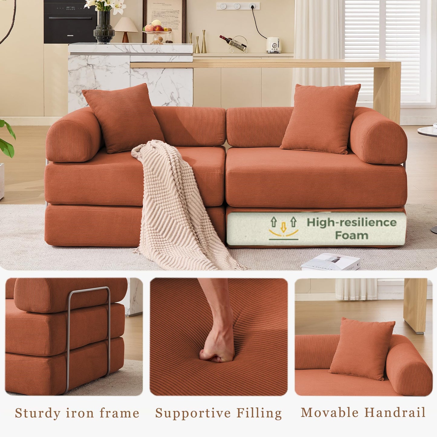 KEIKI 73" Corduroy Modular Sofa Bed with Removable Rolled Armrests and 2 Throw Pillow, Modern Style Convertible 2-Seater Upholstered Couch, No Assembly, for Apartment, Living Room, Orange