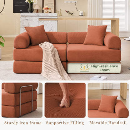 KEIKI 73" Corduroy Modular Sofa Bed with Removable Rolled Armrests and 2 Throw Pillow, Modern Style Convertible 2-Seater Upholstered Couch, No Assembly, for Apartment, Living Room, Orange