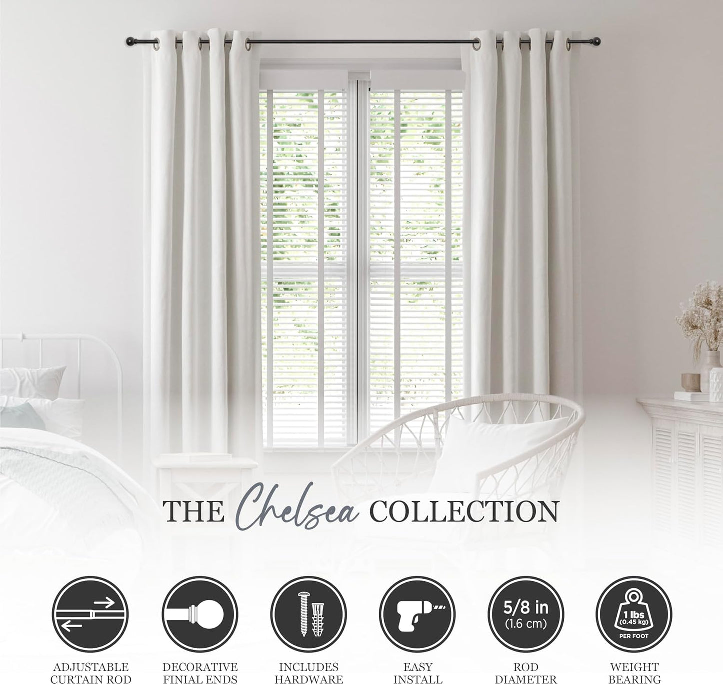 Kenney Chelsea Ball End Window Curtain Rod, Adjustable 28 to 48 Inches, Extendable Set, Black