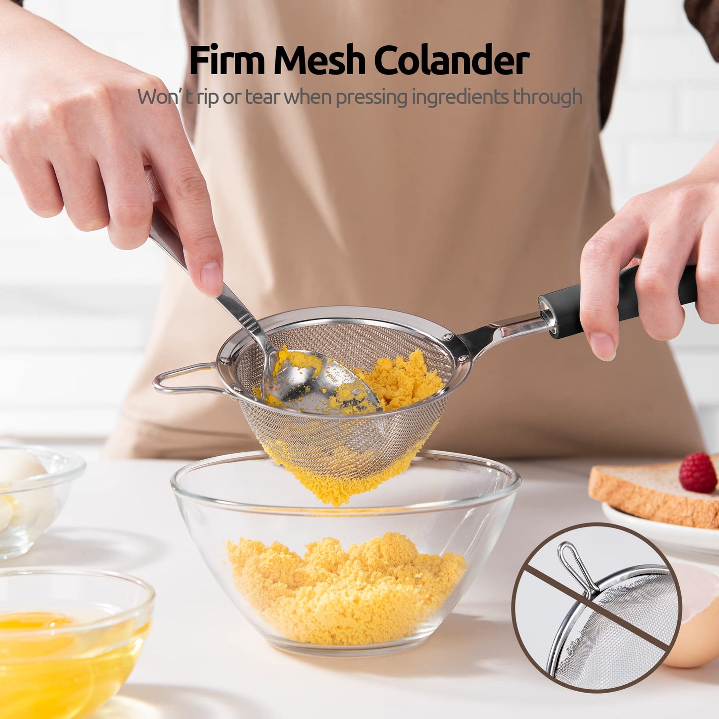 18/8 Stainless Steel Mesh Strainer: U-Taste 3.9 Inch Kitchen Fine Mesh Sieve Food Colander with Riveted Sturdy Silicone Handle and 30 Mesh Hole for Straining Flour, Quinoa, Tea, Juice (Black)