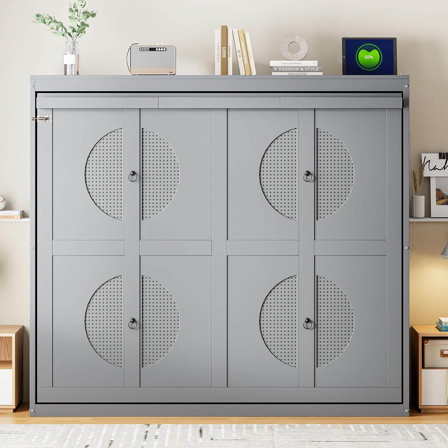 Ball & Cast Full Size Wall Cabinets Murphy Bed with Charging Station and Slat Support,Wood Hideaway Cabinet Platform Beds w/Leg & Lock,can be Folded,Space-Saving,for Small Room,Dorms,Gray