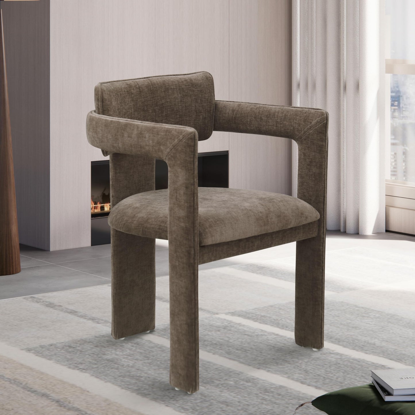 Meridian Furniture 11084Brown-C Brenda Collection Modern | Contemporary Dining Arm Chair/Accent Chair with Soft Brown Chenille Fabric, 23" W x 22.5" D x 31.5" H, Brown, Set of 2