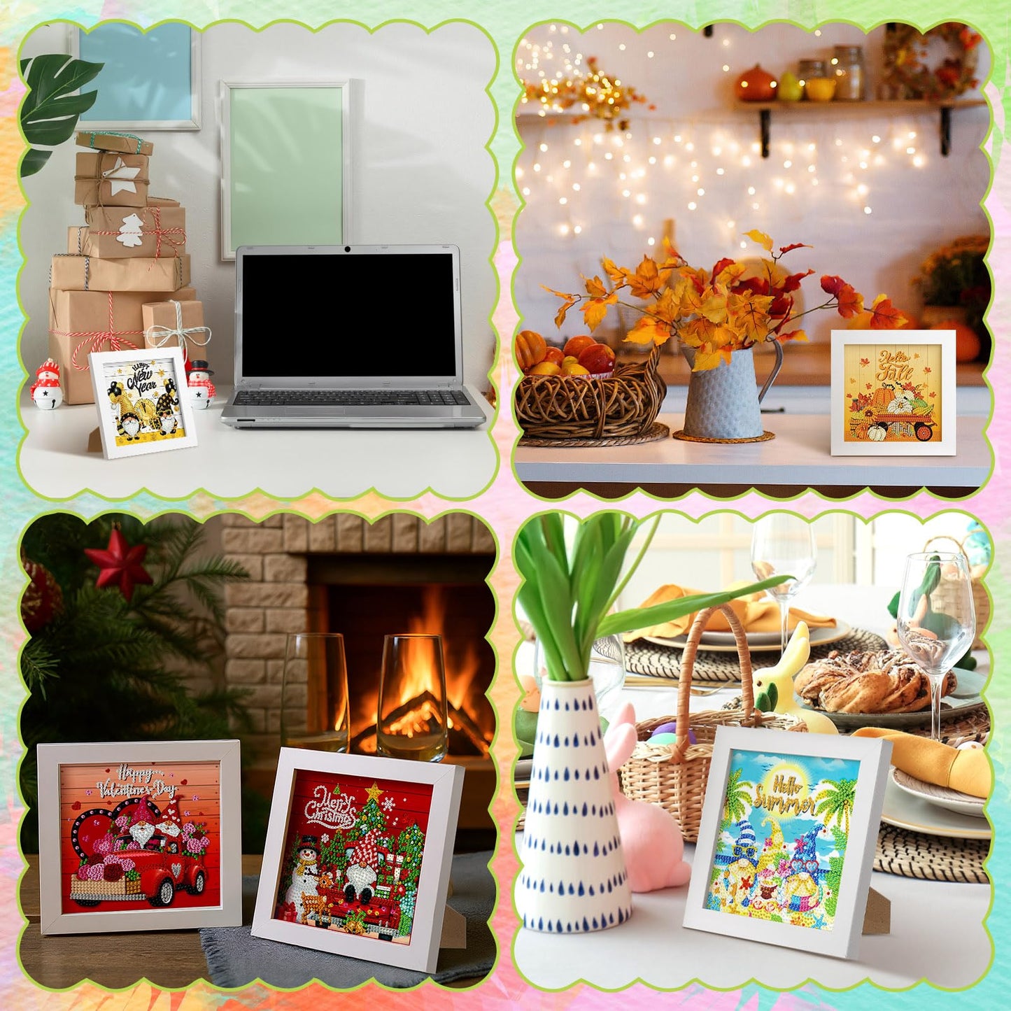 LemonSecret 13 Pcs Holiday Small Diamond Art Kits for Adults 4th of July Diamonds Art Interchangeable 5D Seasonal Diamond Painting Calendar 2026 with Frame for Home Office Tabletop Centerpiece Decor