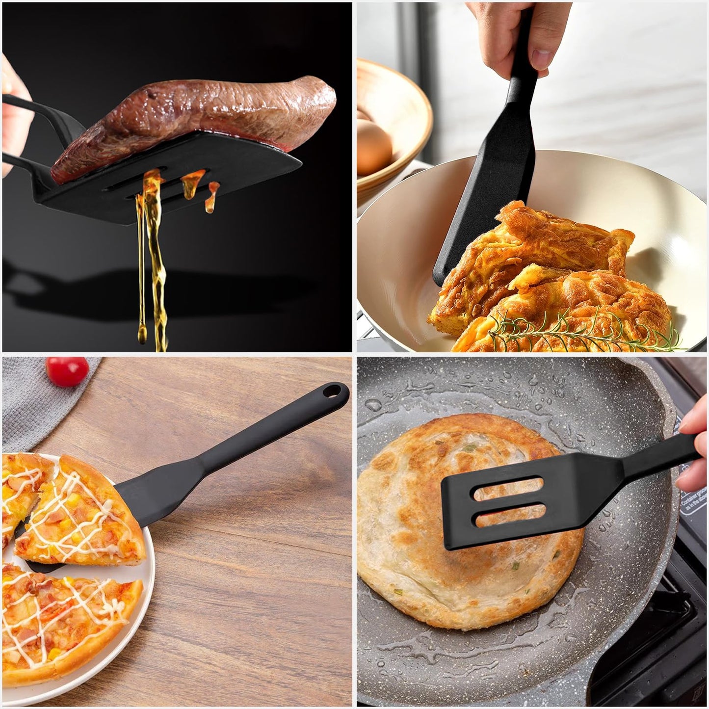 KIBBEH 3 Pack Heat Resistant Silicone Slotted Cooking Spatula Set, Multipurpose BBQ Clamp for Gripper Bread Clip, Fried Steak Clamp, Flipping Fish, Toast Salad Tongs