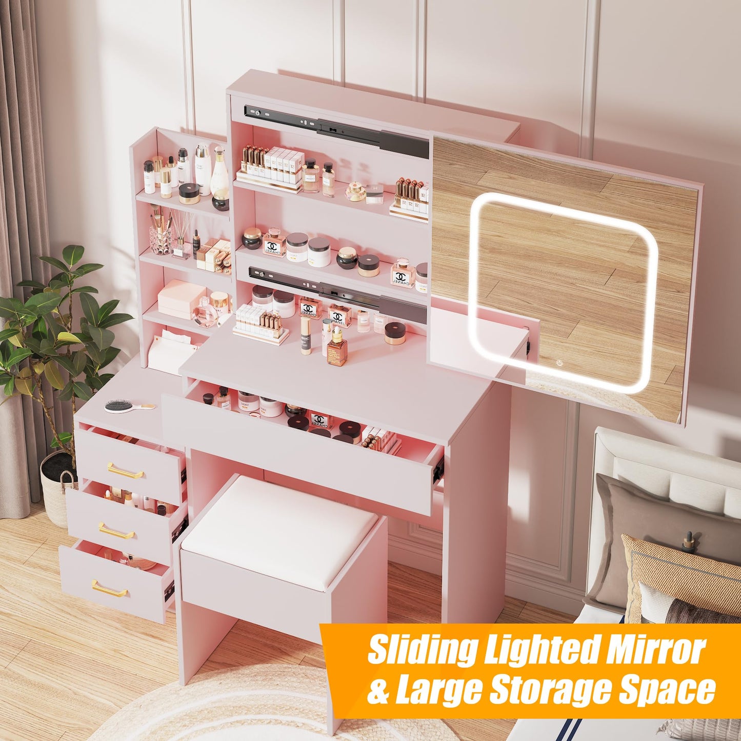 GarveeHome Vanity Desk with Sliding Mirror and Lights, Makeup Vanity Set with 4 Drawers, Stool, Power Outlet, Open Shelves, 3 Color Adjustable Lighting Modes, Makeup Dressing Table for Bedroom, Pink