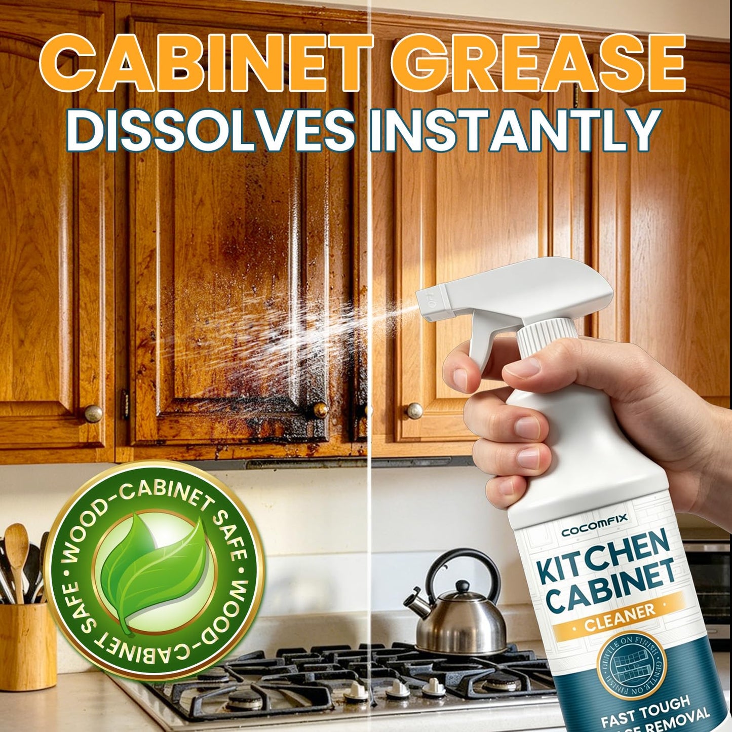 cocomfix Kitchen Cabinet Cleaner, Tough & Gentle Degreaser for Wood, Painted Kitchen Cabinet & Furniture, Grime & Grease Remover – No Residue, No Streaks, with Soft Scrub Brush – 32oz