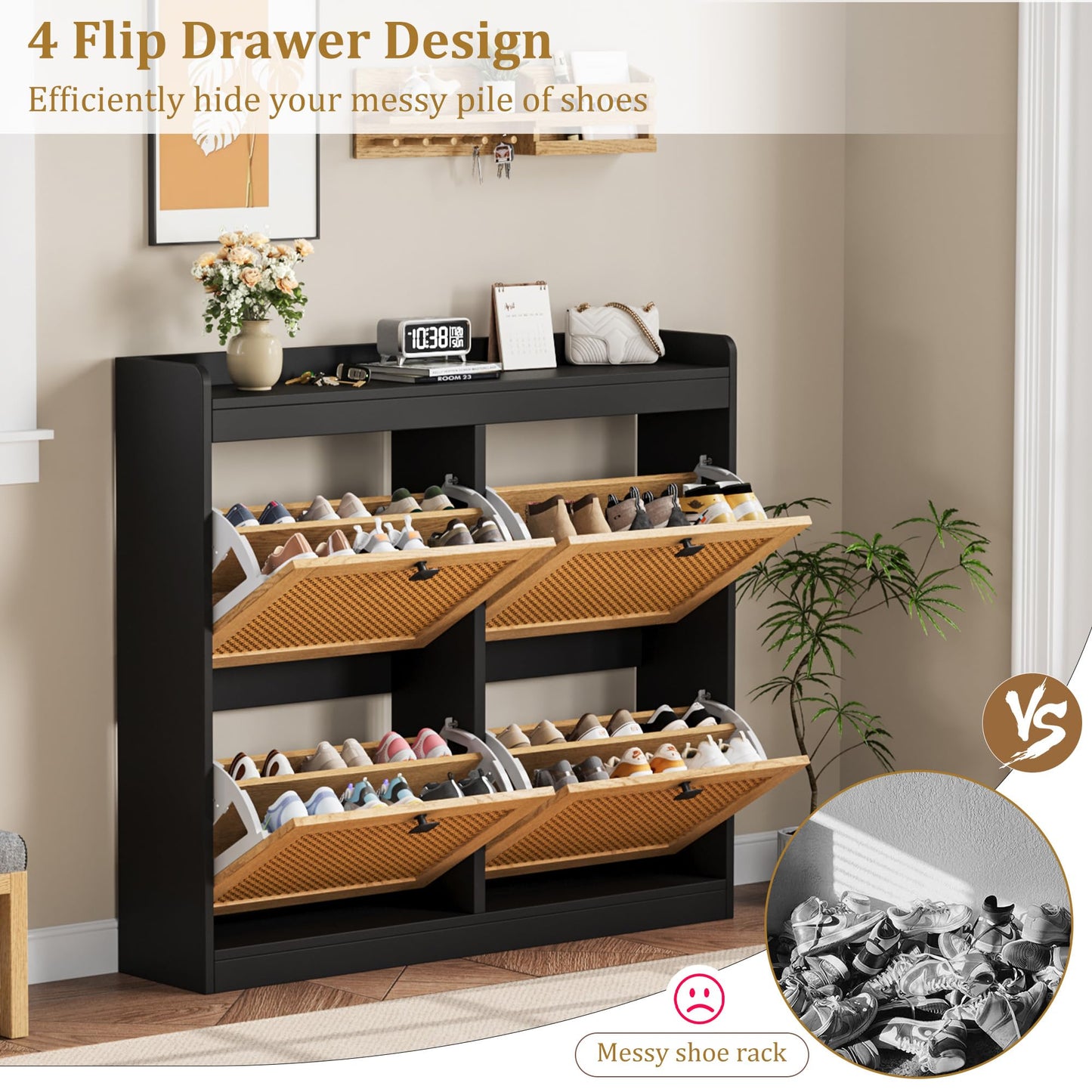 Garvee Shoe Storage Cabinet with 4 Deep Flip Drawers, Wood Shoe Cabinet with Rattan Doors and Adjustable Shelves- Freestanding Shoe Organizer for Entryway, Hallway (Black, 4 Drawers- 2PCS)