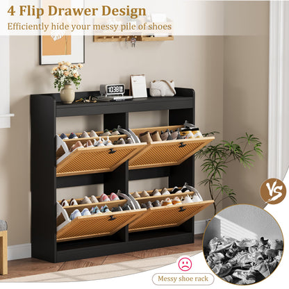 Garvee Shoe Storage Cabinet with 4 Deep Flip Drawers, Wood Shoe Cabinet with Rattan Doors and Adjustable Shelves- Freestanding Shoe Organizer for Entryway, Hallway (Black, 4 Drawers- 2PCS)