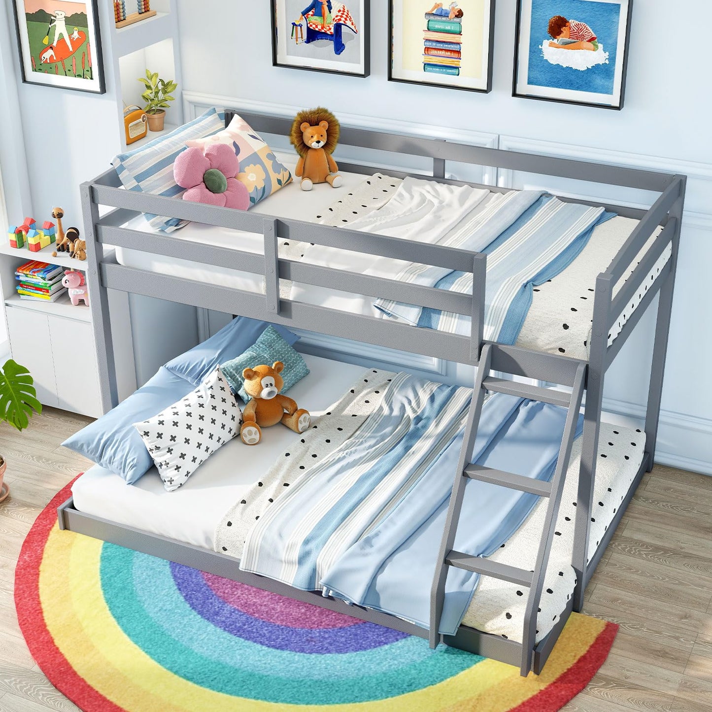 Giantex Twin Over Full Bunk Bed, Solid Wood Kids Bunk Bed with Full-Length Guardrails & Ladder, Low Bunk Beds with Slats Support for Kids, Teens, No Box Spring Needed, Grey