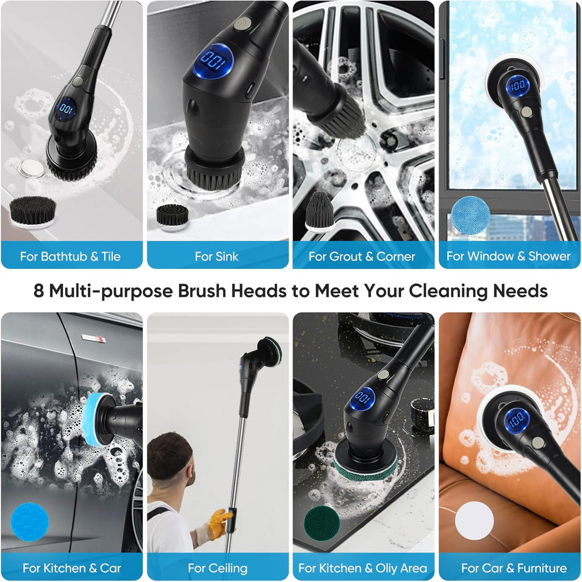 Electric Spin Scrubber, Asknoon Upgraded Power Cordless Shower Scrubber, 8 Replacement Heads, Adjustable Bathroom