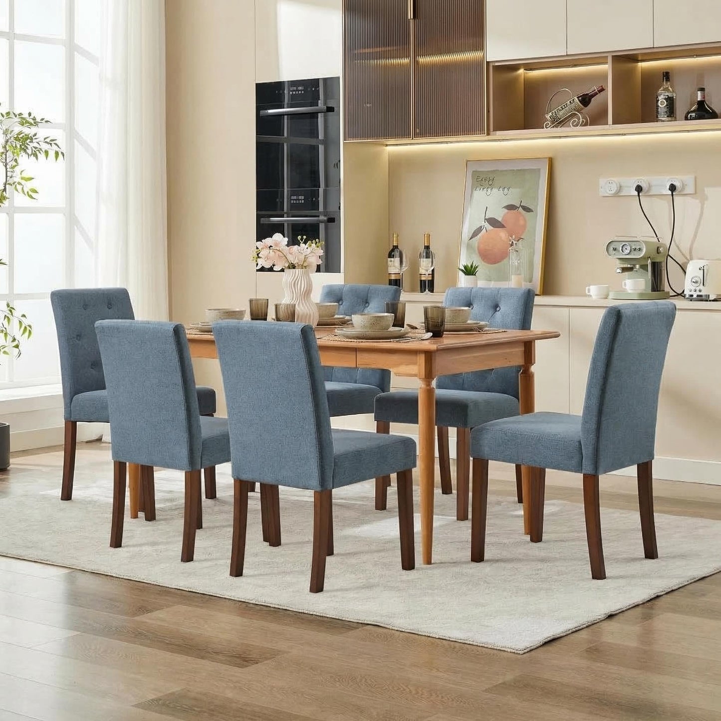 IDEALHOUSE Dining Chairs Set of 6, Linen Fabric Upholstered Parsons Chairs with Rubberwood Legs, Comfortable Padded Seat Kitchen, Dining Room Side Chairs, Living Room Blue