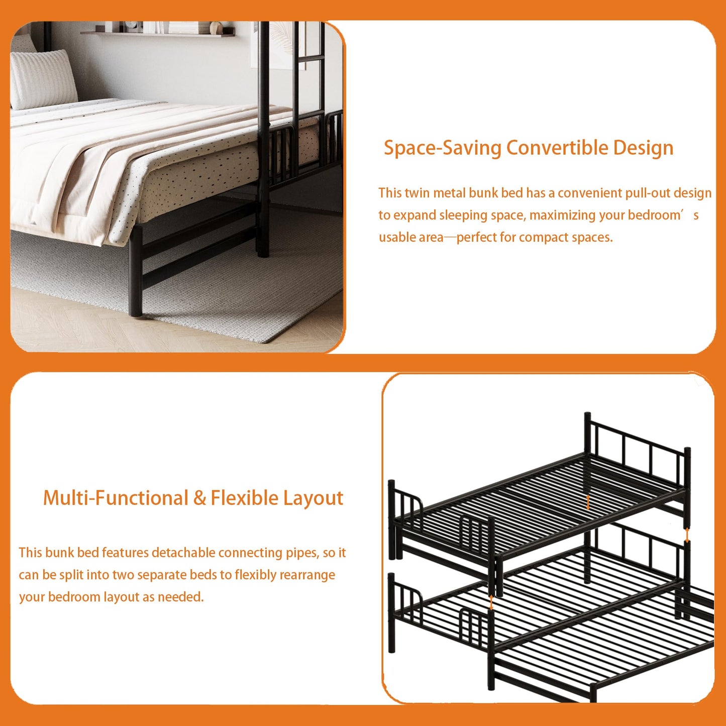 KavlSean Twin Over King Bunk Bed with Safety Guardrail, Metal Pull-Out Bunk Bed Frame with Built-in Ladder, No Box Spring Needed, Extendable Beds for Kids/Teen/Adults, Bedroom, Dorm