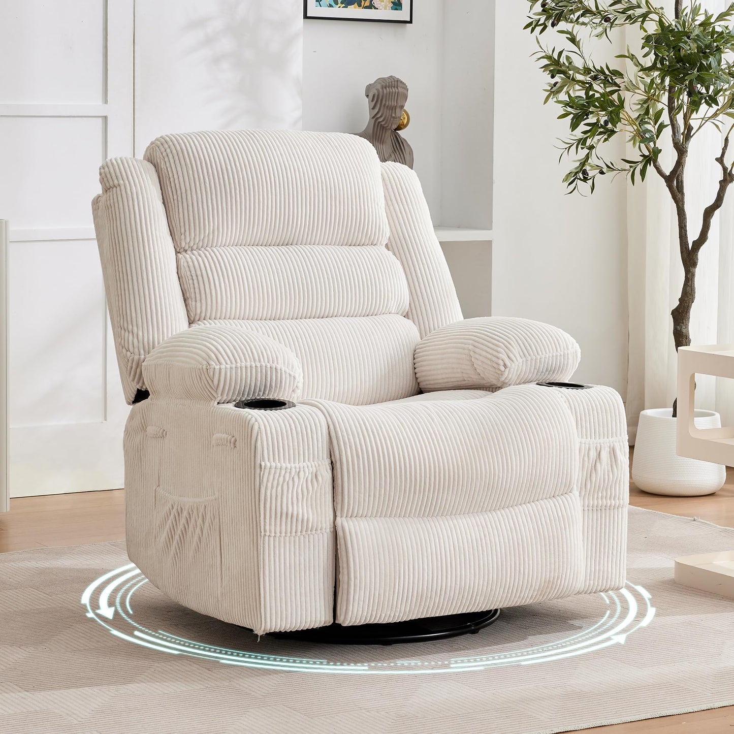 Rocking Recliner Chair for Adults Corduroy Wide Upholstered Glider Recliner with Cup Holder Deep Seat Single Sofa Rocker Chair for Nursery Living Room